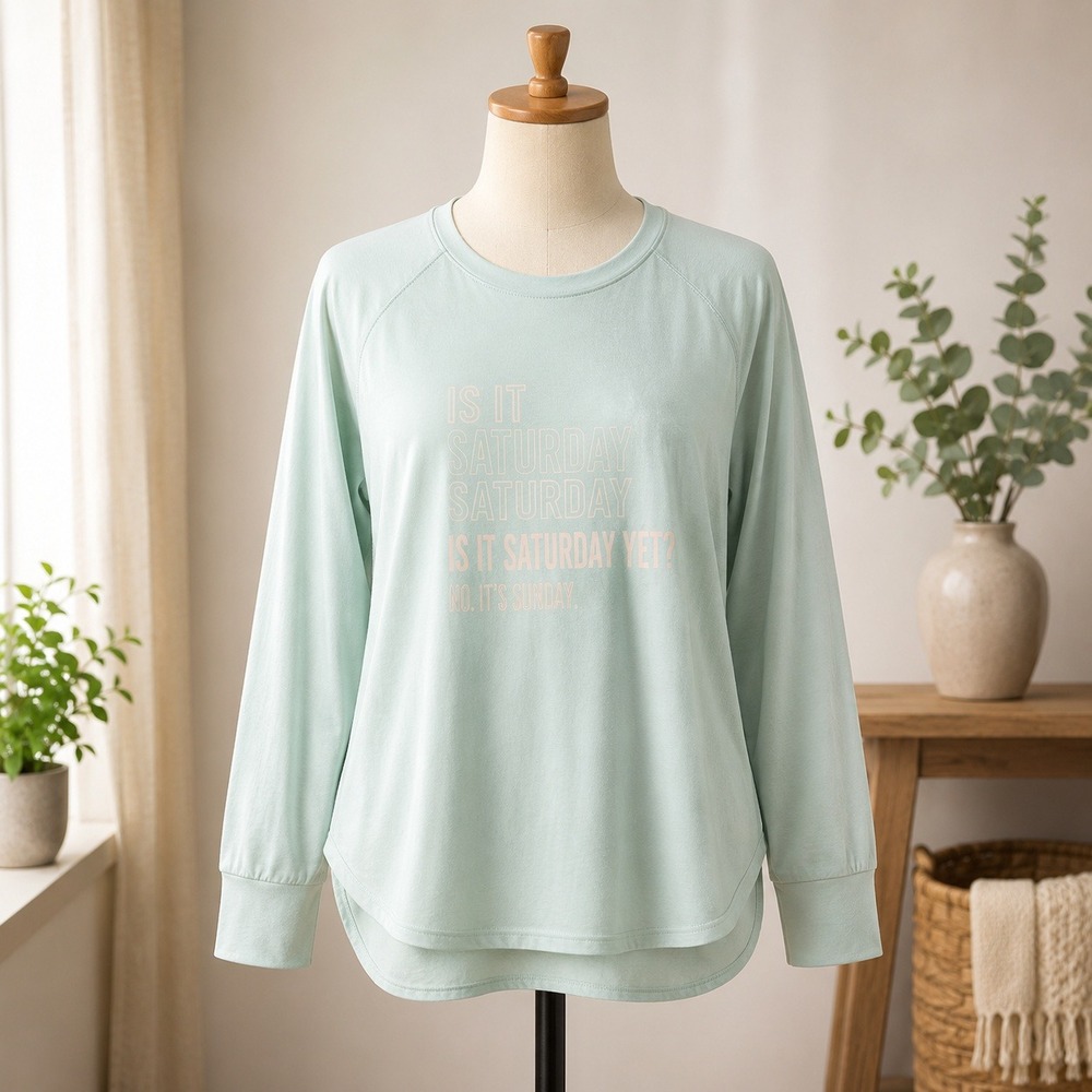 Xhilaration Sleep Shirt Womens Medium Mint Green Is It Saturday Yet Long Sleeve